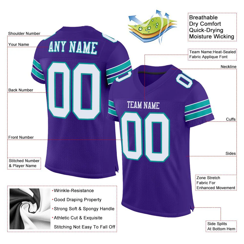 Custom Purple White-Aqua Classic Style Mesh Authentic Football Jersey