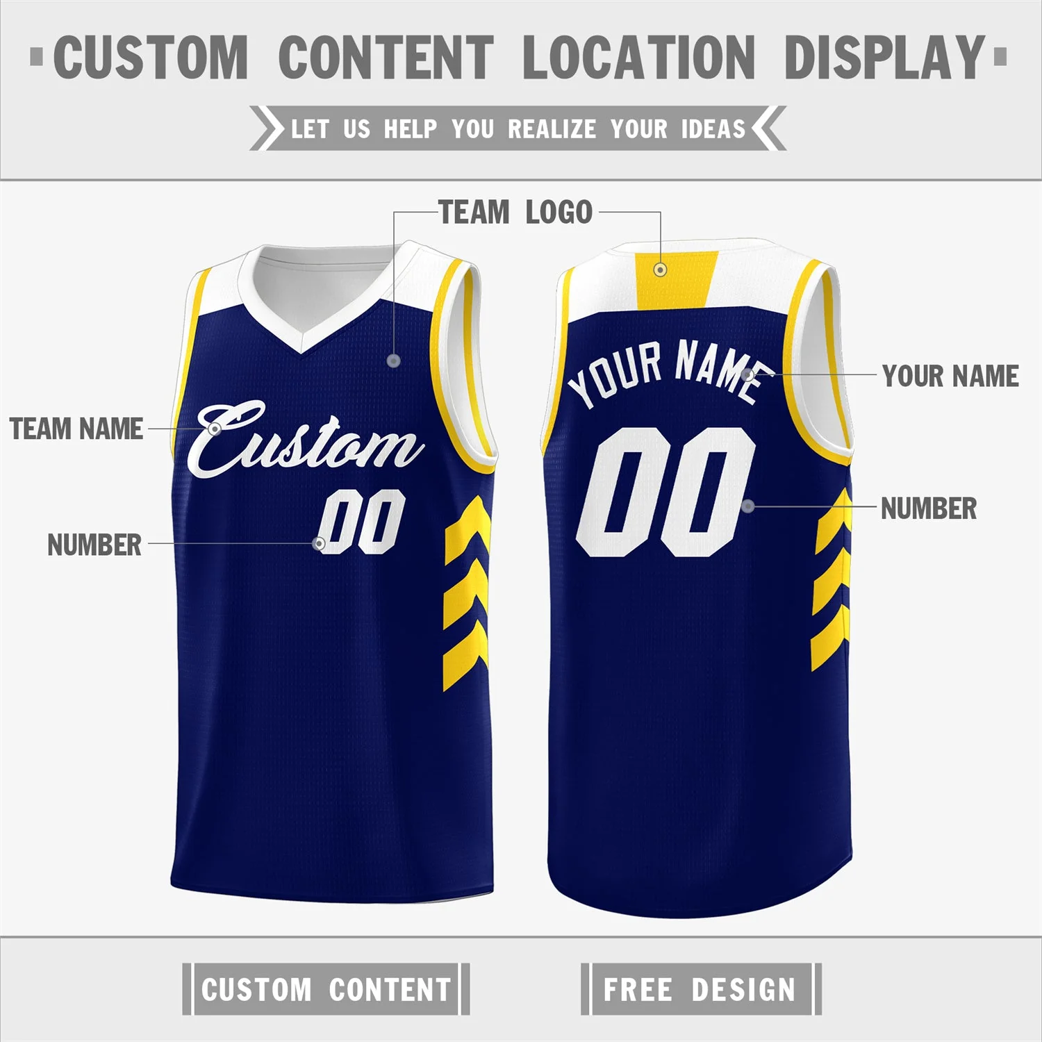 Custom Navy White-Yellow Classic Tops Mesh Sport Basketball Jersey