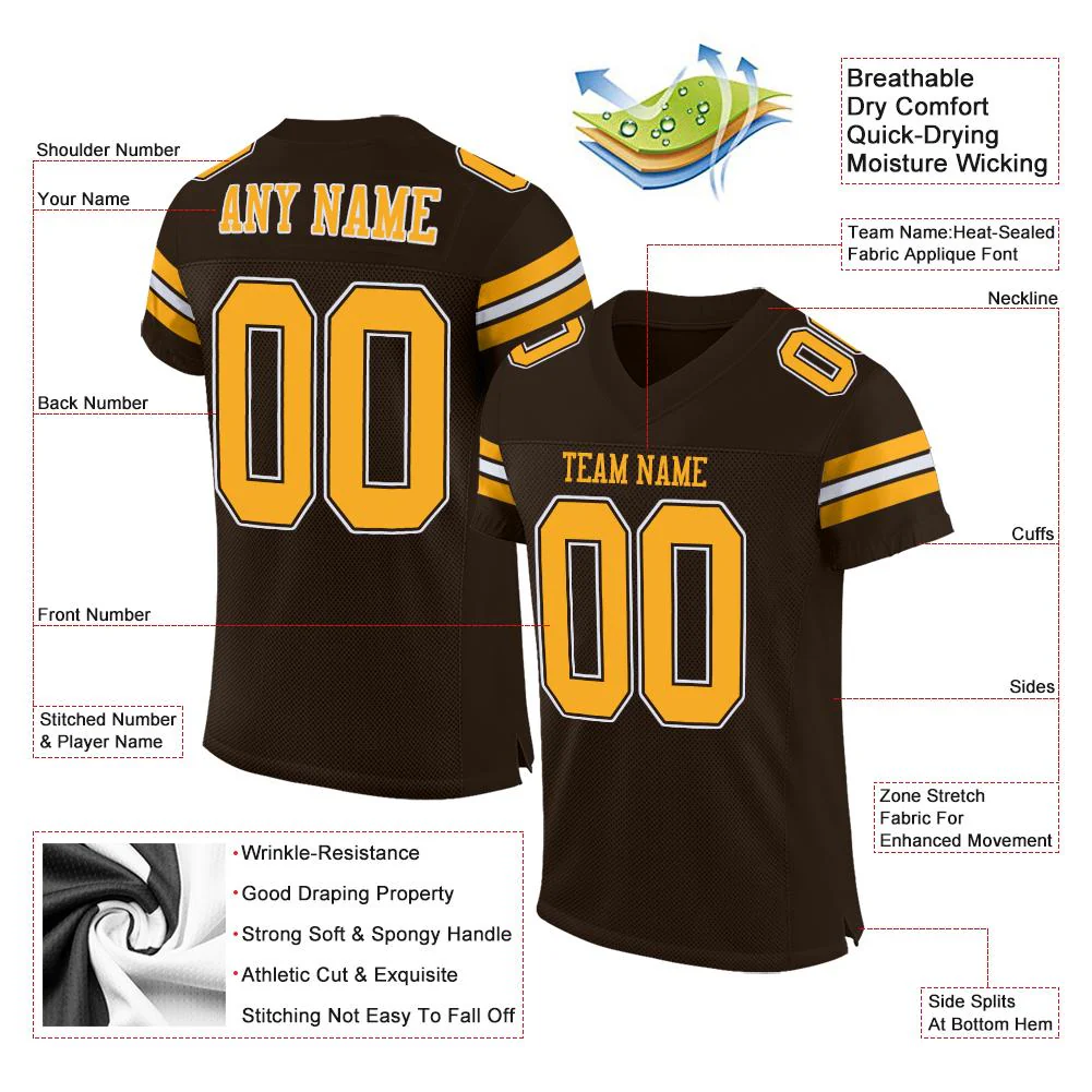 Custom Brown Gold-White Classic Style Mesh Authentic Football Jersey