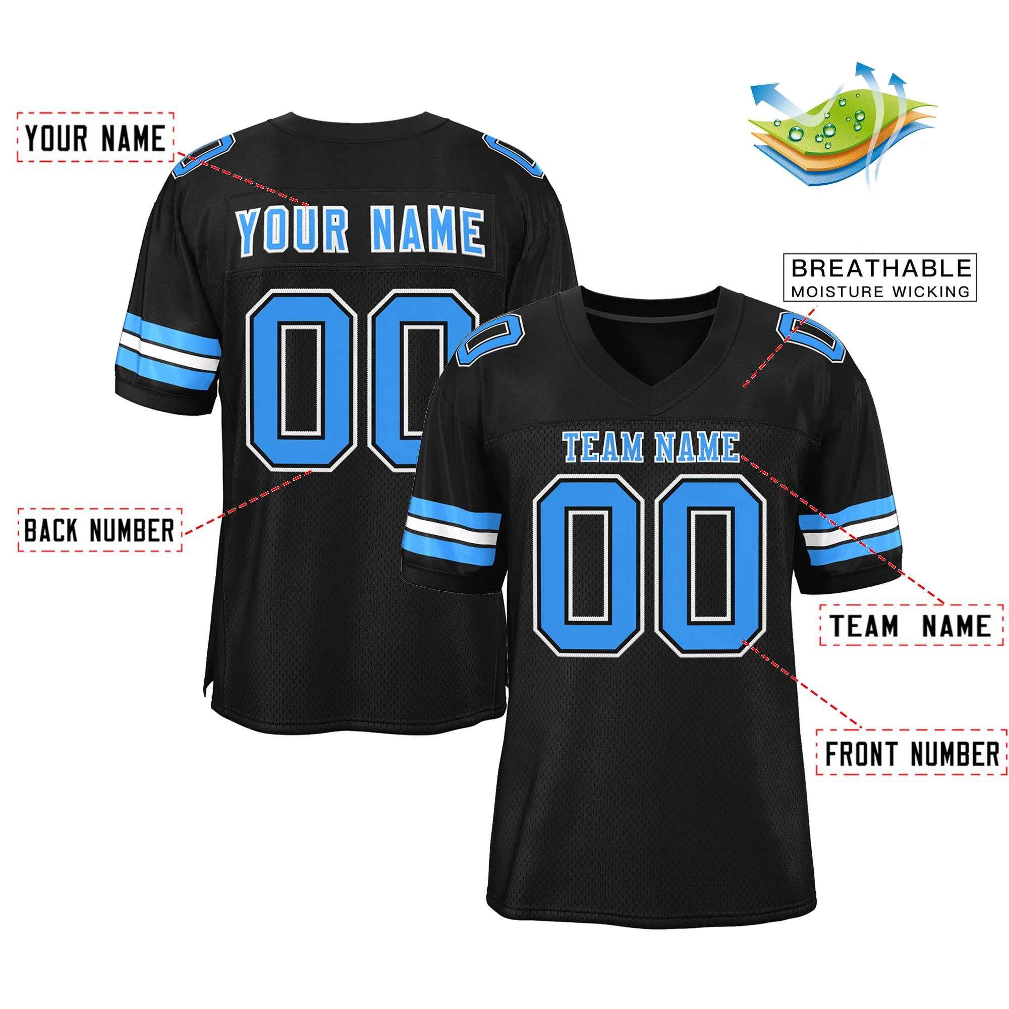 Custom Black Powder Blue-White Classic Style Mesh Authentic Football Jersey