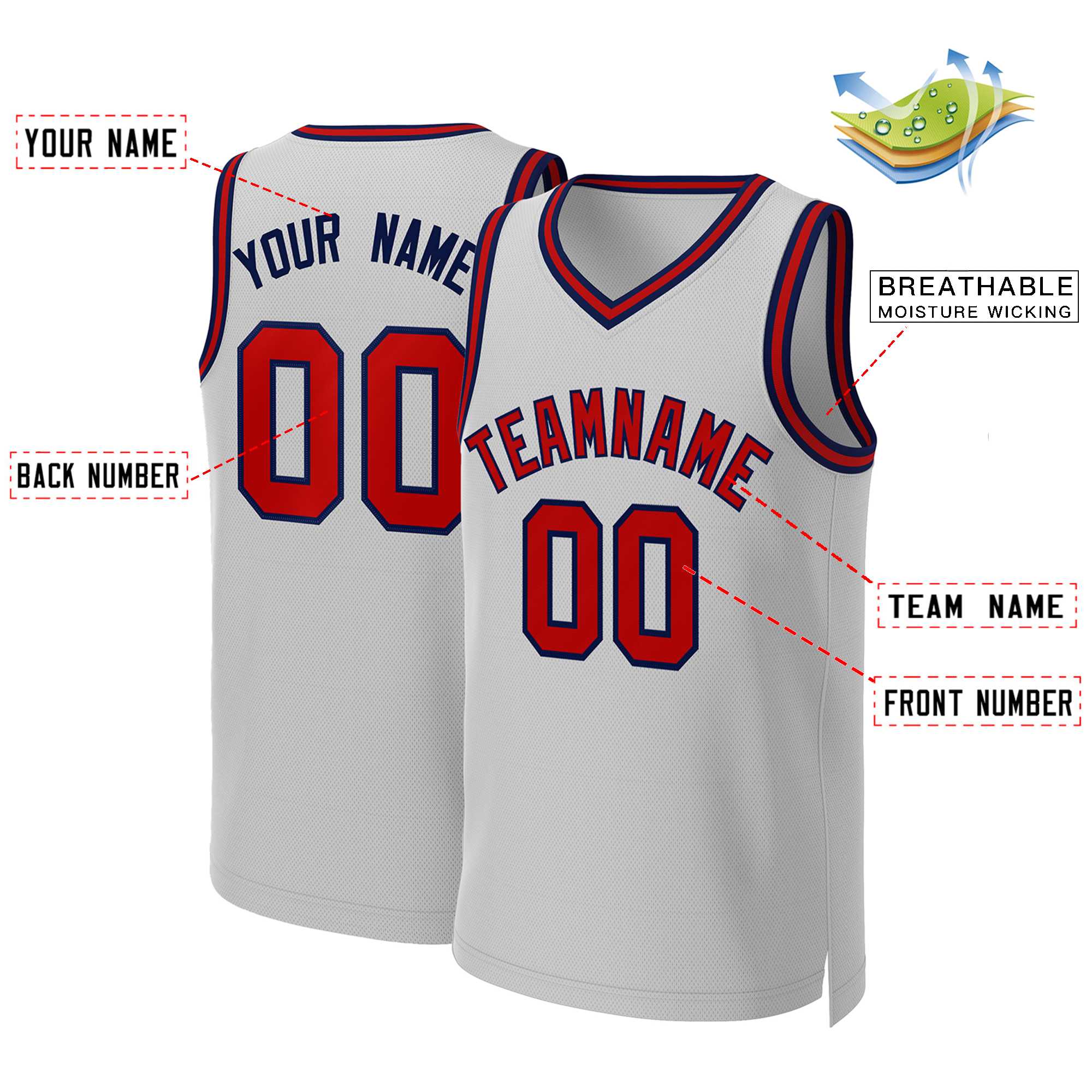 Custom Gray Red-Navy Classic Tops Basketball Jersey