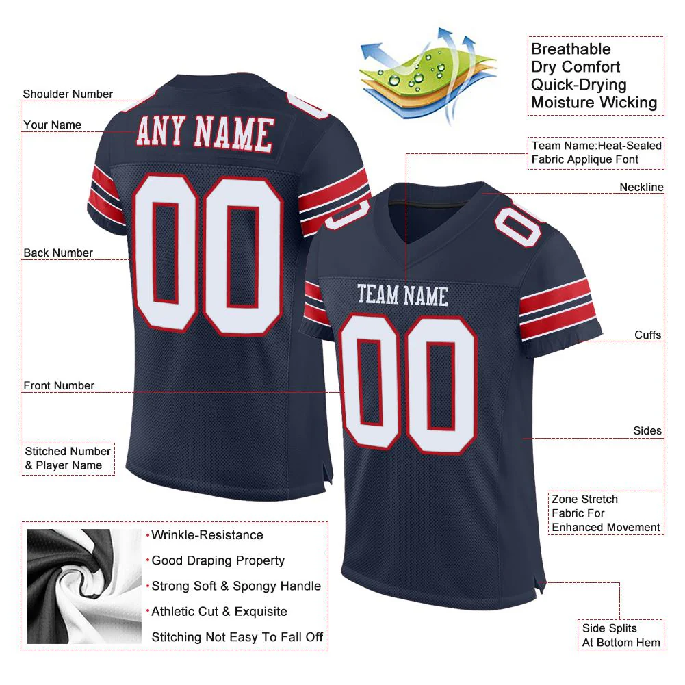 Custom Navy White-Red Classic Style Mesh Authentic Football Jersey