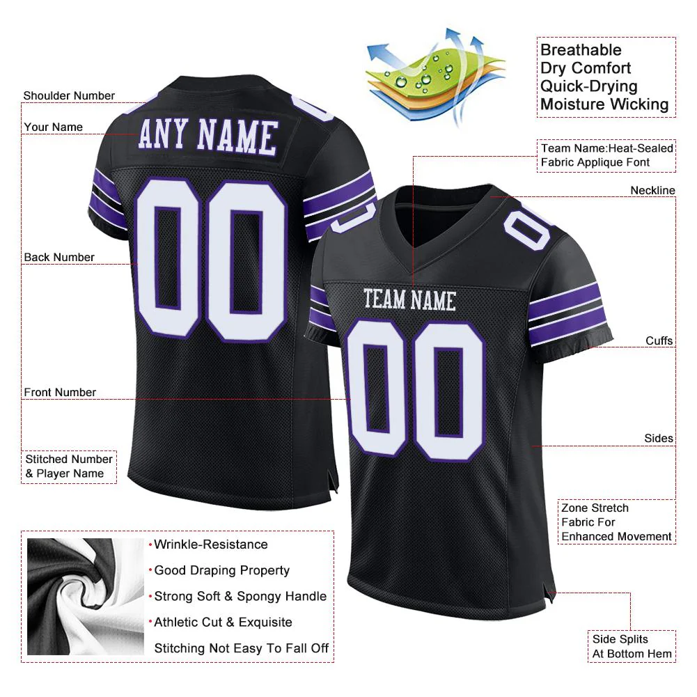Custom Black White-Purple Classic Style Mesh Authentic Football Jersey