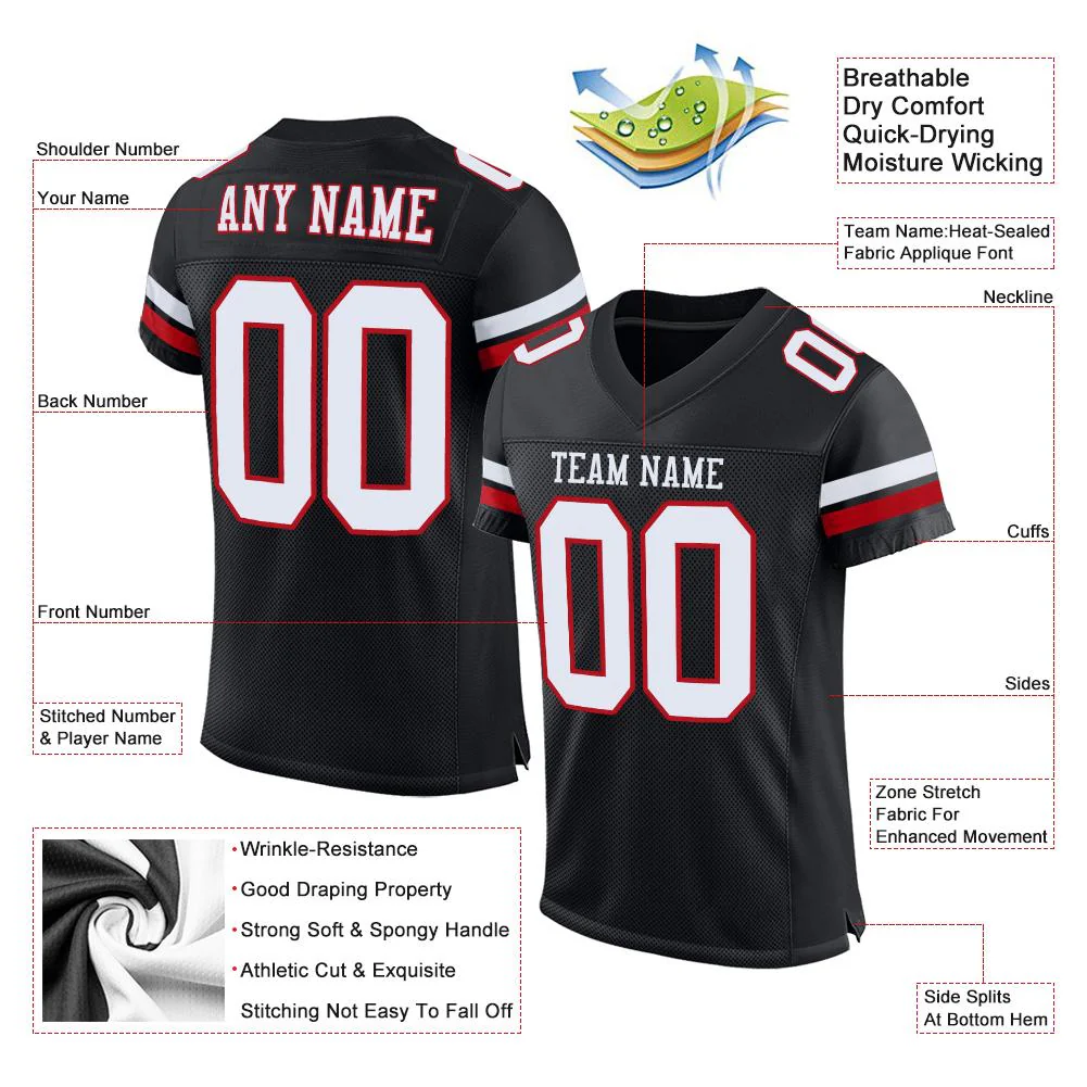 Custom Black White-Red Classic Style Mesh Authentic Football Jersey