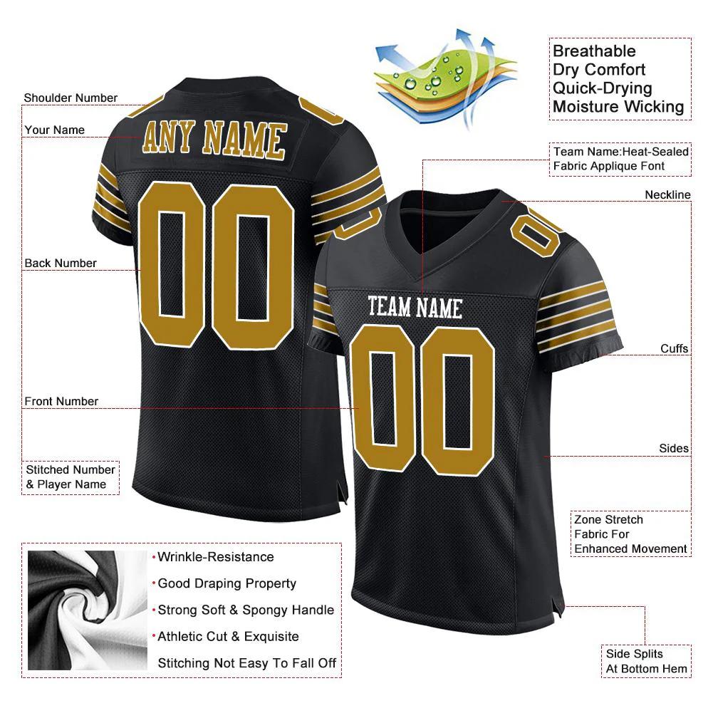 Custom Black Old Gold-White Classic Style Mesh Authentic Football Jersey