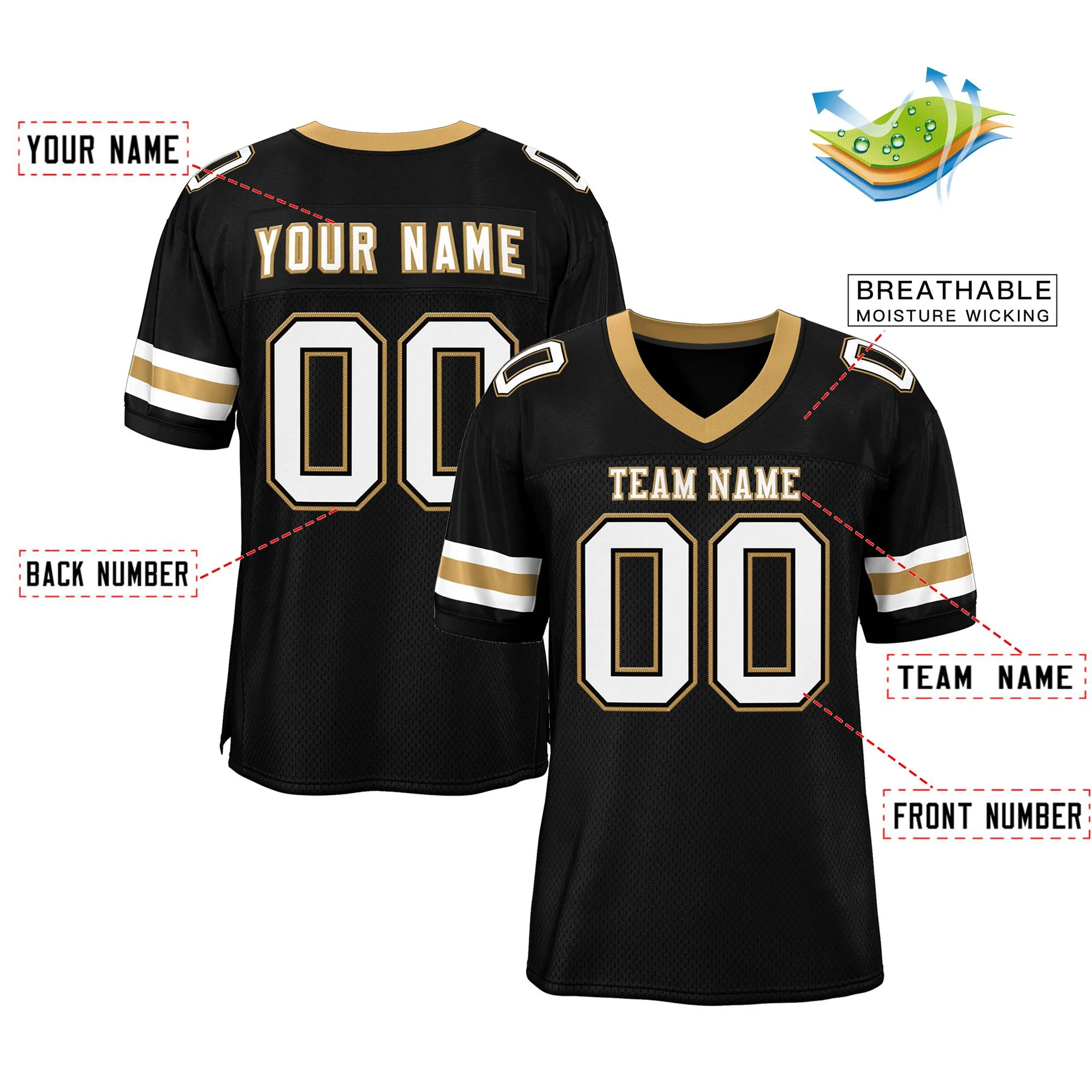 Custom Black White-Old Gold Classic Style Mesh Authentic Football Jersey