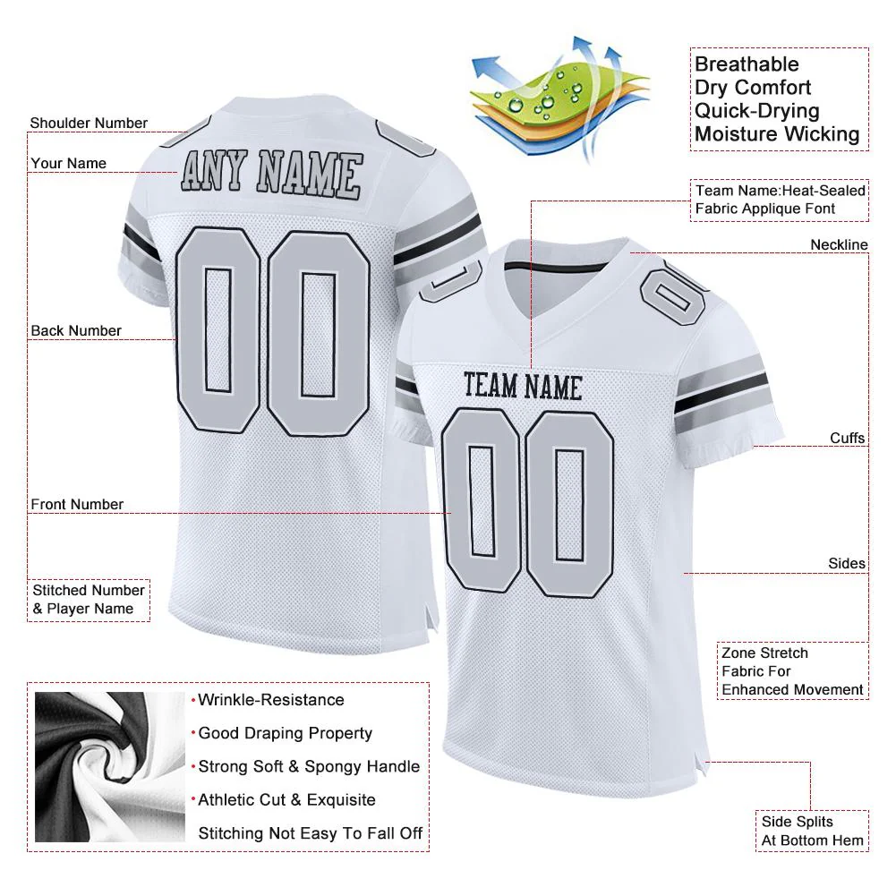 Custom White Silver-Black Classic Style Mesh Authentic Football Jersey