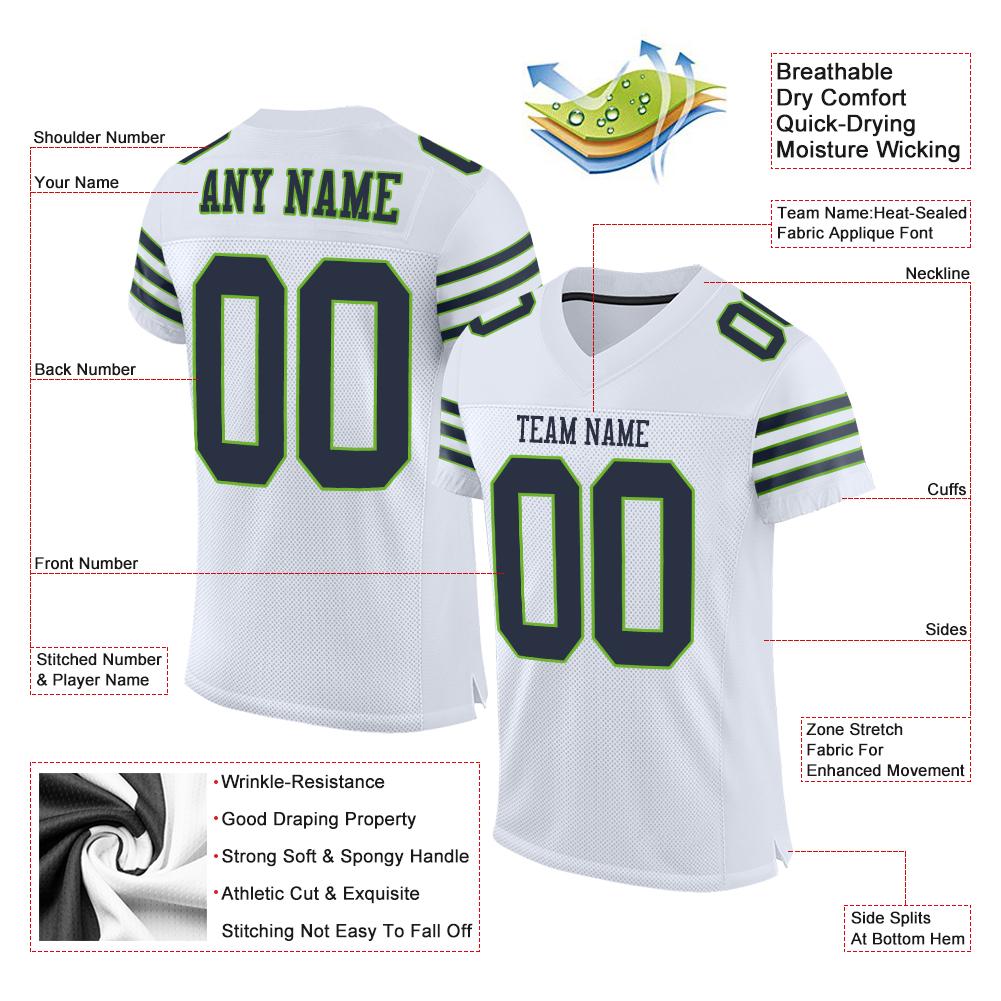 Custom White Navy-Neon Green Classic Style Mesh Authentic Football Jersey