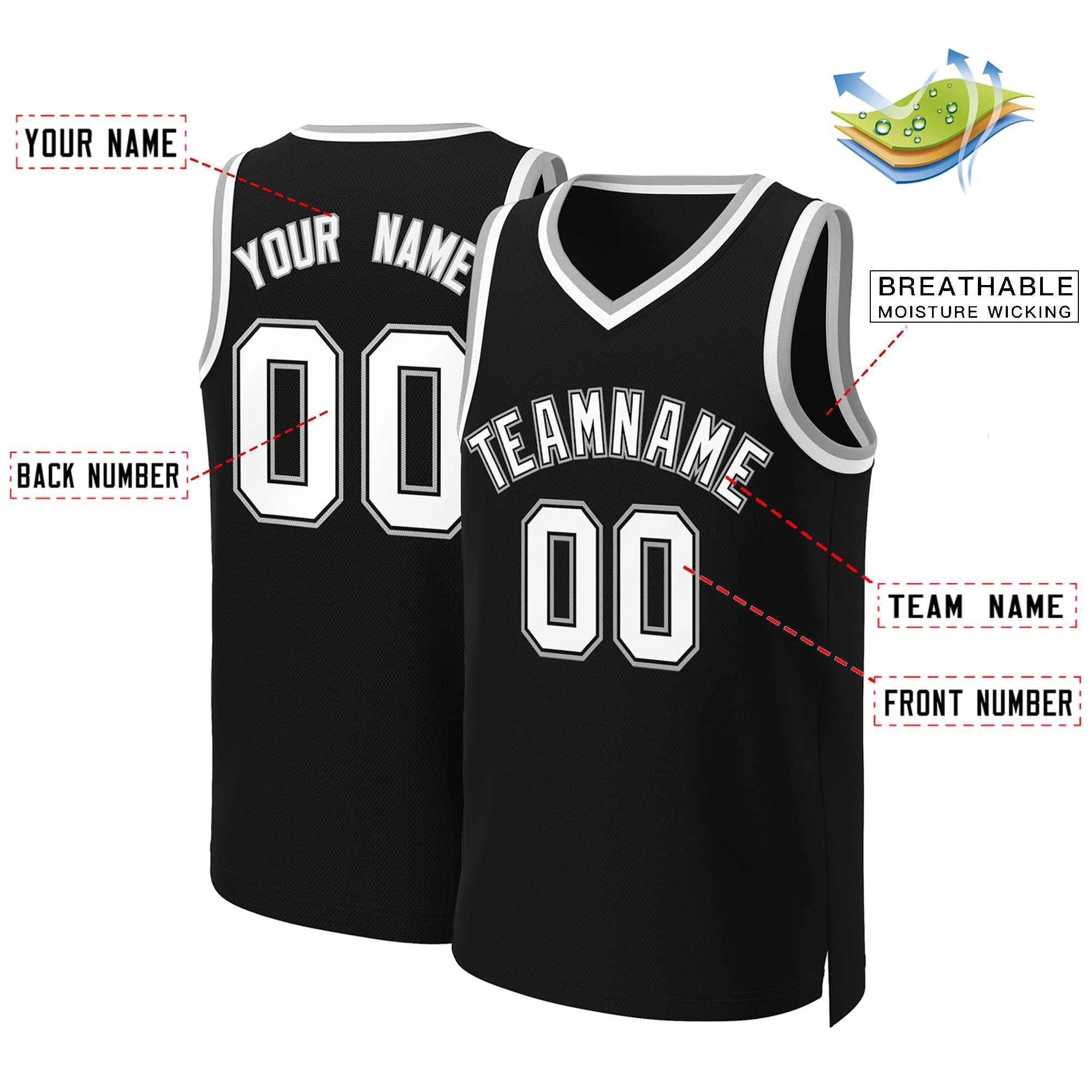 Custom Black White-Black Classic Tops Basketball Jersey