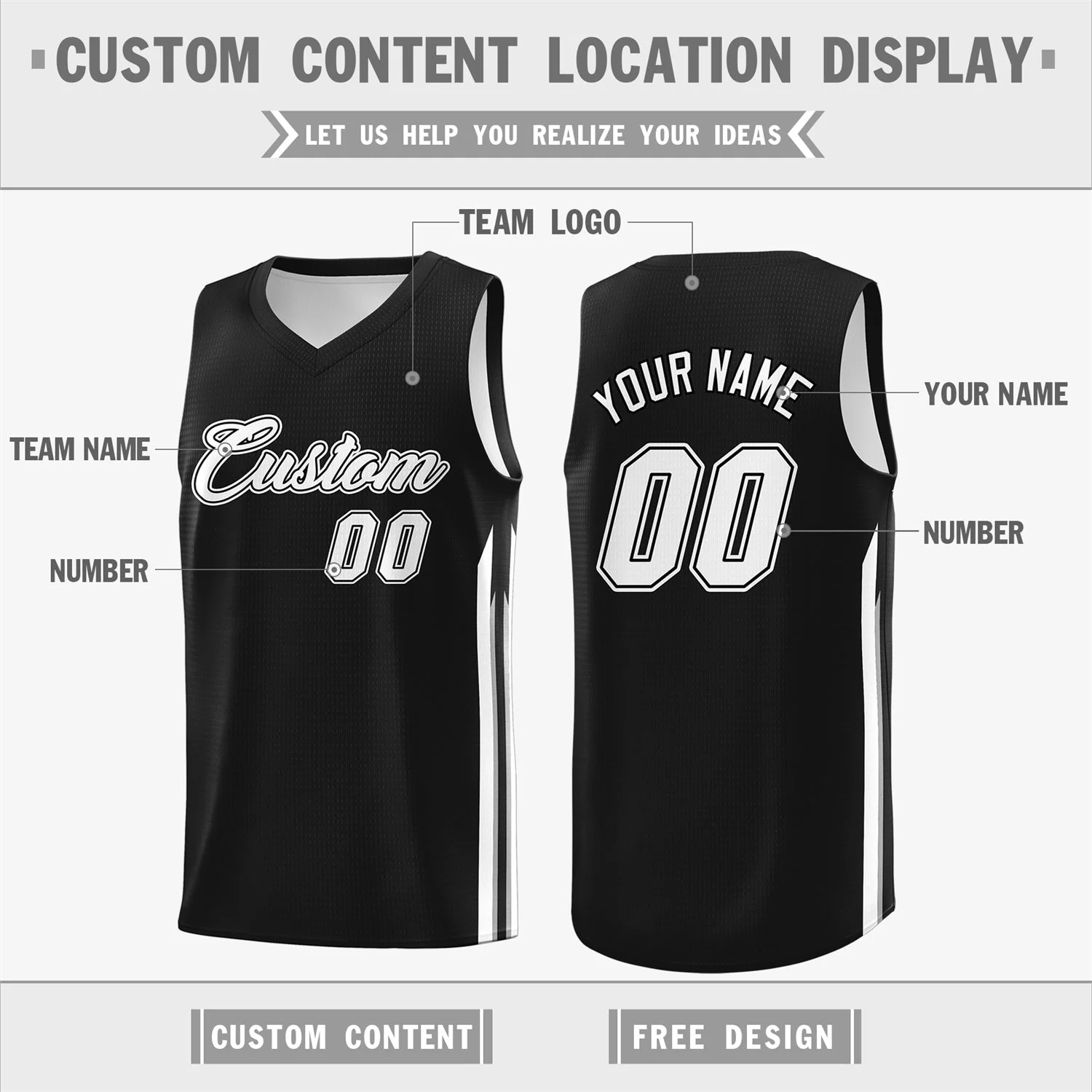 Custom Black White Classic Tops Sport Game Basketball Jersey