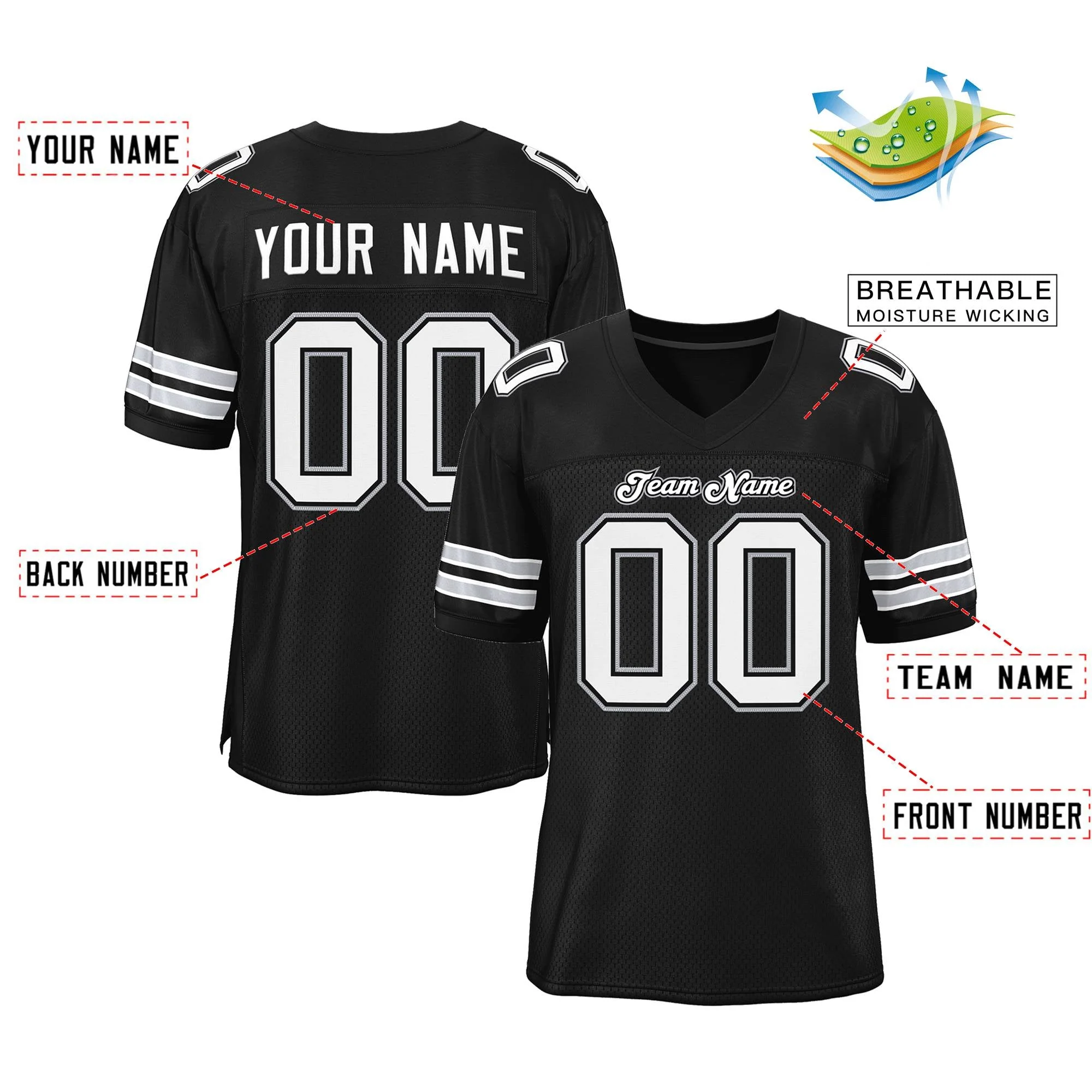 Custom Black White-Gray Classic Style Mesh Authentic Football Jersey